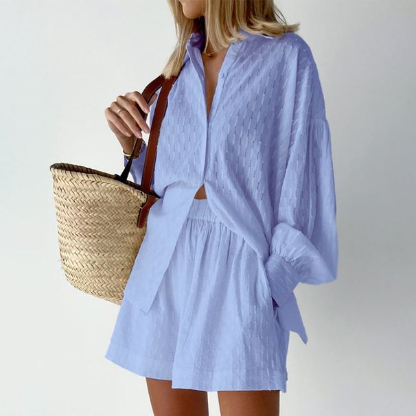 Women's Clothing Shirt Jacquard Puff Sleeve Temperament Top Shorts Commuter Design Casual Suit_ecoleips.com
