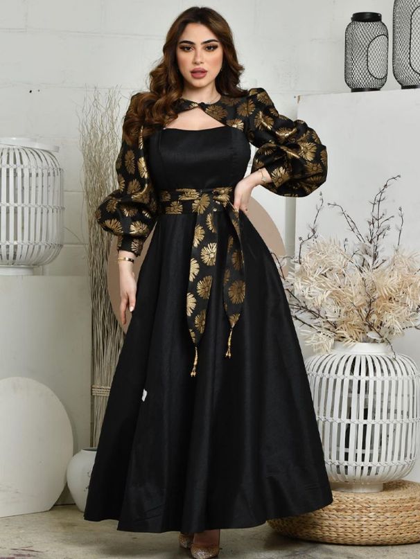 Women's Clothing Spring And Summer Sexy Gold Printed Satin Ballroom Dress_ecoleips.com