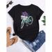 Floral Bicycle Letter Print Simple Cute Loose Plus Size Women's Short Sleeve T-Shirt_ecoleips.com