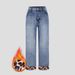 Women's High-Waisted Flared Jeans – Vintage Washed, Leopard Print Cuff, Stretch Denim (0xl-3xl, Plus Size, Fleece-Lined, 9/10 Length, Light Blue)_ecoleips.com