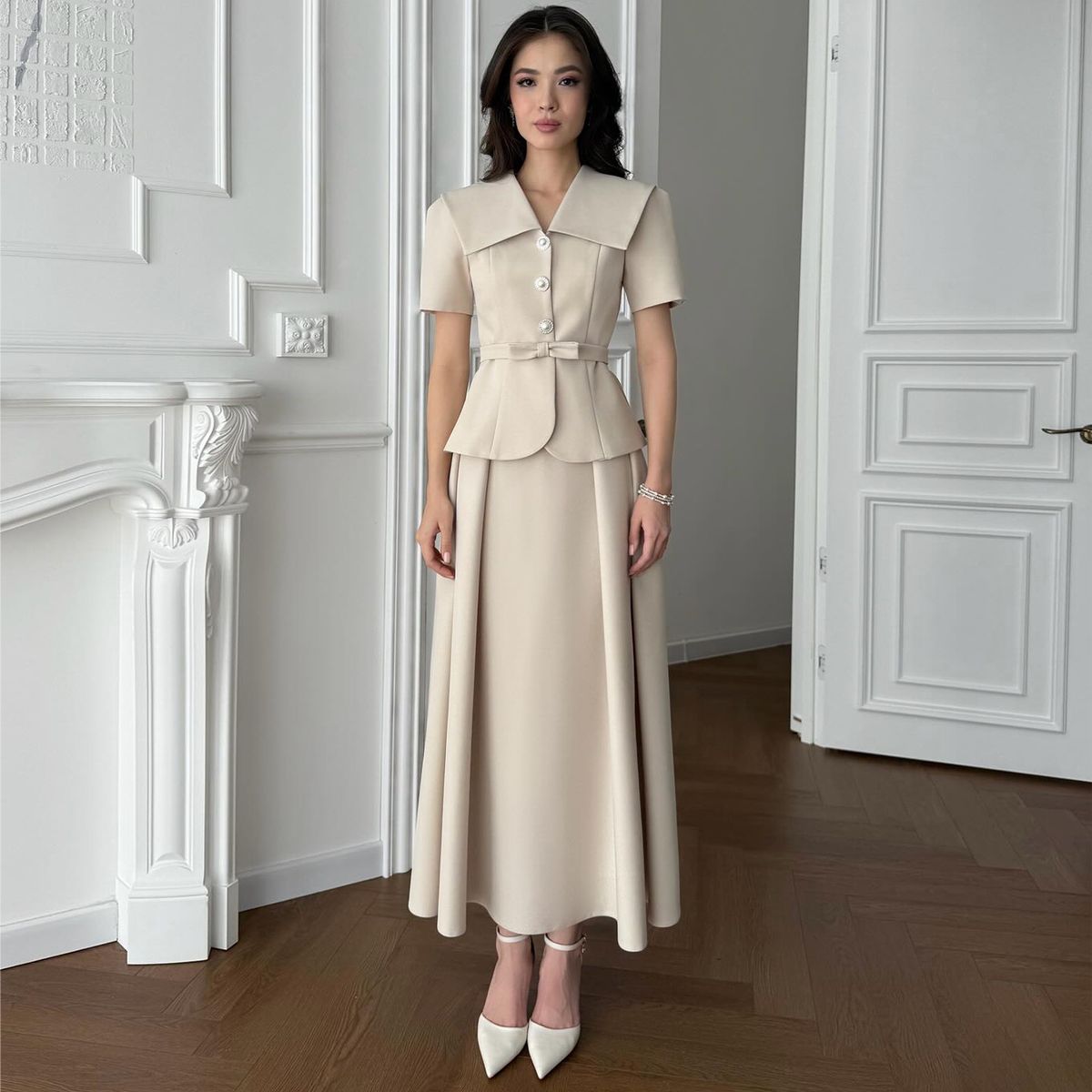 girl 2025 Autumn New European And American Cross-Border Women's Fashion Light Beige Lapel Tie Waist Dress Set Elegant Party_ecoleips.com