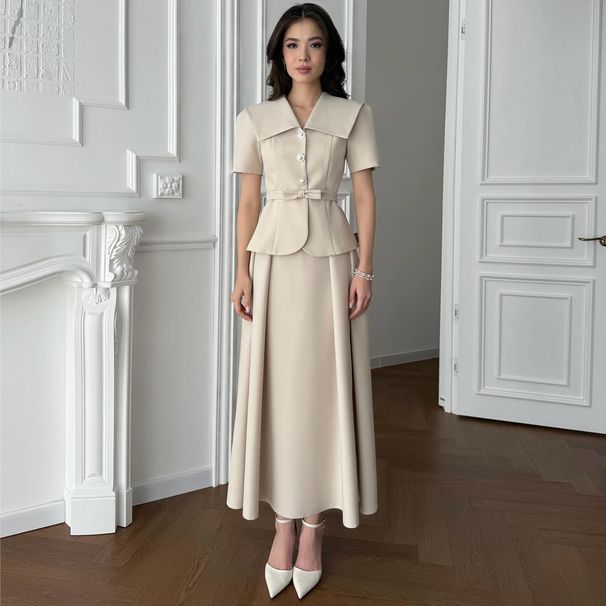 girl 2025 Autumn New European And American Cross-Border Women's Fashion Light Beige Lapel Tie Waist Dress Set Elegant Party_ecoleips.com