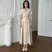 girl 2025 Autumn New European And American Cross-Border Women's Fashion Light Beige Lapel Tie Waist Dress Set Elegant Party_ecoleips.com