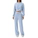 Women's Solid Color Drawstring Waist Wide Leg Trousers Casual Long Pants Set_ecoleips.com