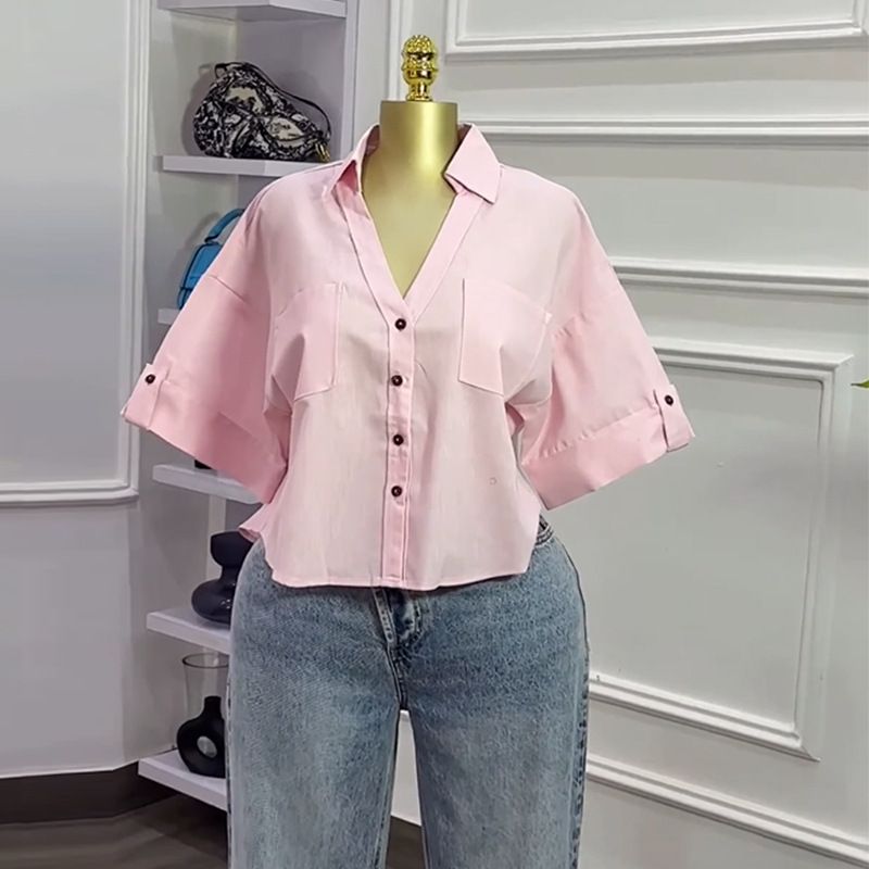 Women's Oversized Short Sleeve Shirt - Cropped Relaxed Fit, Button-Down Collar With Chest Pocket, Summer Breathable Polyester Top_ecoleips.com