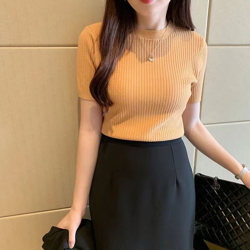 Summer New Women's Slim Fit Knitted Short Sleeve Pullover Sweater round Neck Base Layer Top plus Size Clothes_ecoleips.com