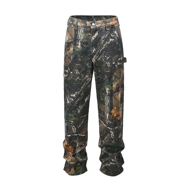 Women's Clothing High Street Retro Dead Leaves Camouflage Print Trendy Loose Straight Logging Denim Trousers_ecoleips.com