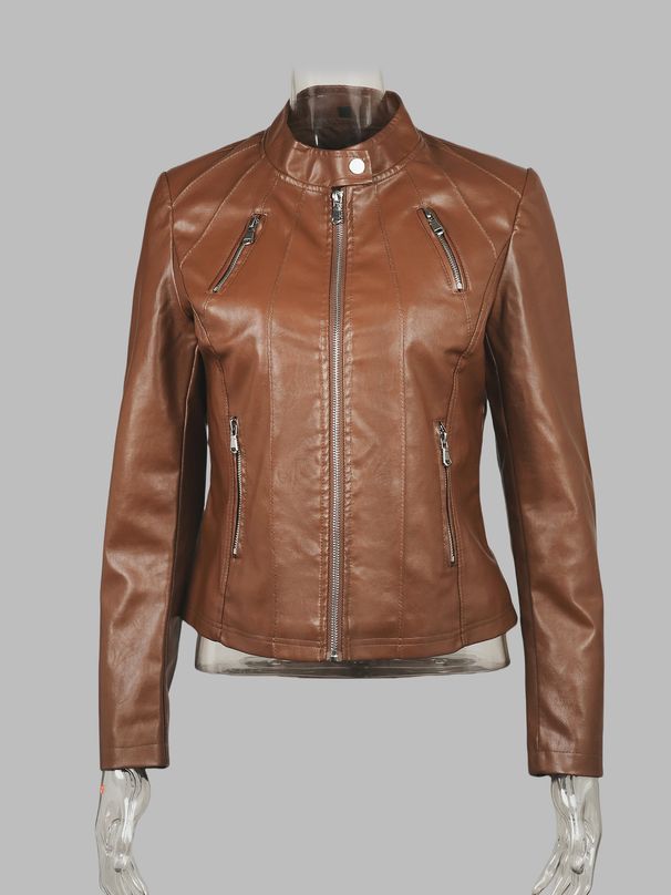 Women's Clothing New Autumn Slim Women's Stand Up Collar Slim Jacket Leather Jacket Women's Custom Pattern Making_ecoleips.com