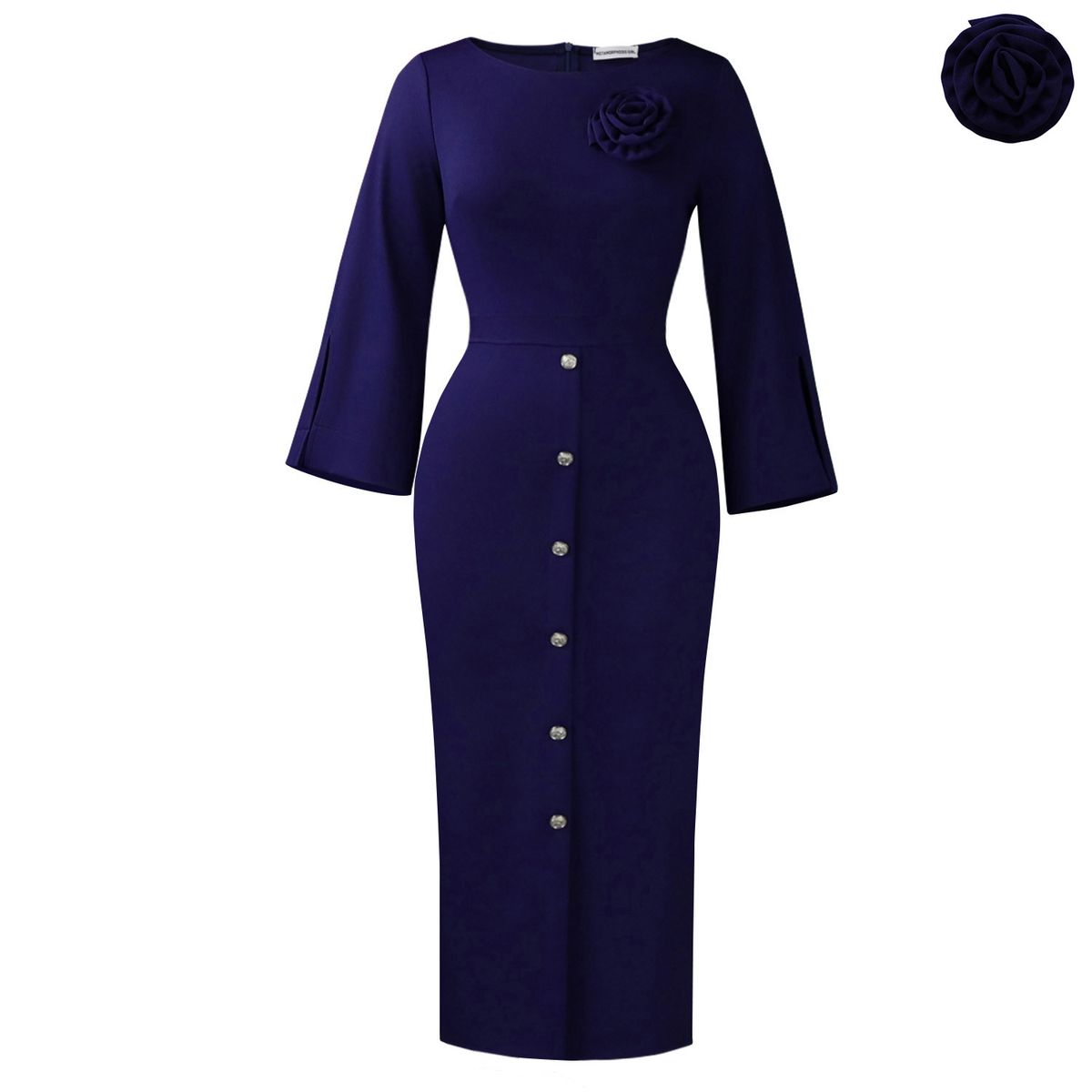 Elegant Floral Split-Sleeve Dress – Women’S Stretchy Knit Midi Dress (Polyester/Spandex, Office-To-Dinner Versatile Fit)_ecoleips.com