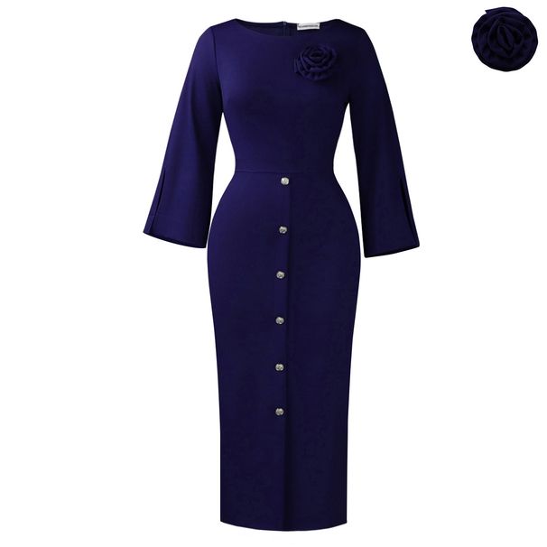 Elegant Floral Split-Sleeve Dress – Women’S Stretchy Knit Midi Dress (Polyester/Spandex, Office-To-Dinner Versatile Fit)_ecoleips.com