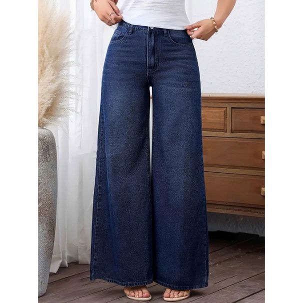 Women's Relaxed Wide-Leg Denim Jeans - Vintage Washed Dark Blue Casual Comfort Jeans (XS/S/M/L/XL)_ecoleips.com