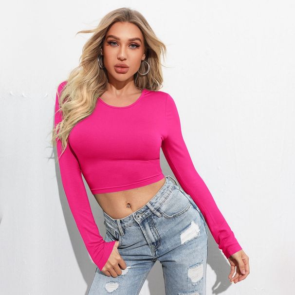 Voya Women's New Autumn And Winter Fashion Short Cut Slim Fit High Stretch Long Sleeved T-shirt Versatile Top_ecoleips.com