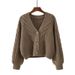 Women's V Neck Cardigan Sweater Loose Fit Retro Cable Knit Short Style For Autumn Winter New_ecoleips.com
