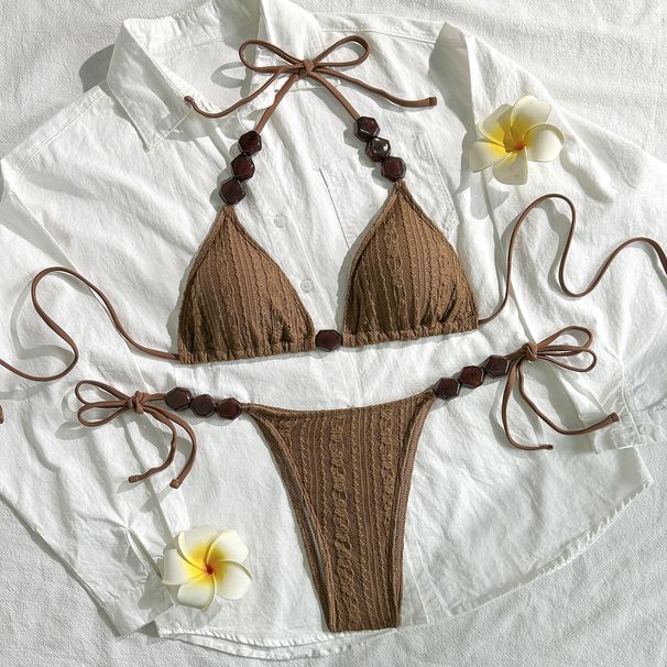 Women's Bikini Set – Adjustable Halter Tie & High-Cut Bottoms For Beach & Pool | Sexy Swimwear In Coffee Brown_ecoleips.com