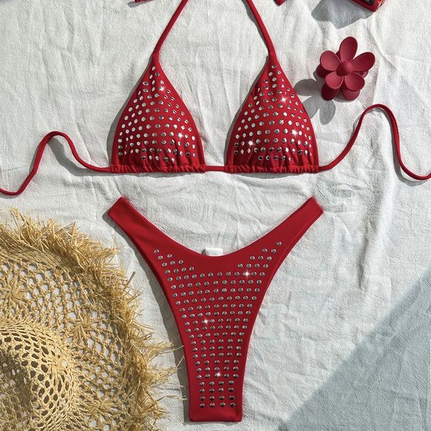 2026 European And American Sexy Rhinestone Bikini Two-piece Solid Color Strap Swimsuit Beach Vacation Swimwear For_ecoleips.com
