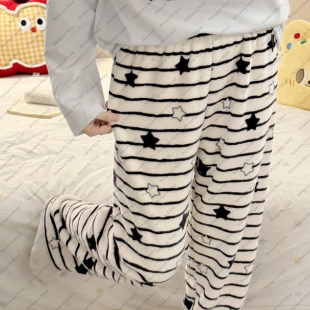 Women's Autumn And Winter Classic Striped Long Pants Pajama Pants Warm Flannel Casual And Simple Loose Home Pants For Going Out_ecoleips.com