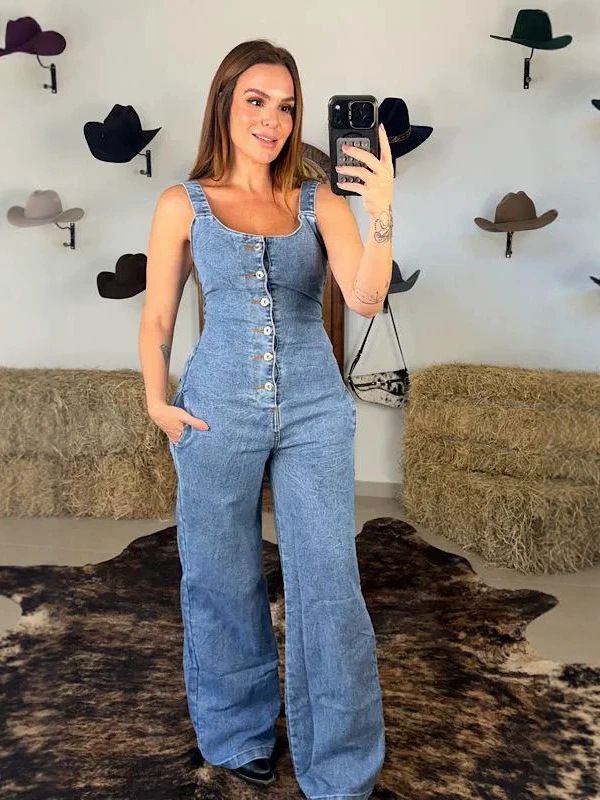 Women's Slim-Fit Denim Jumpsuit Strappy Wide-Leg Romper with Waist Accent_ecoleips.com