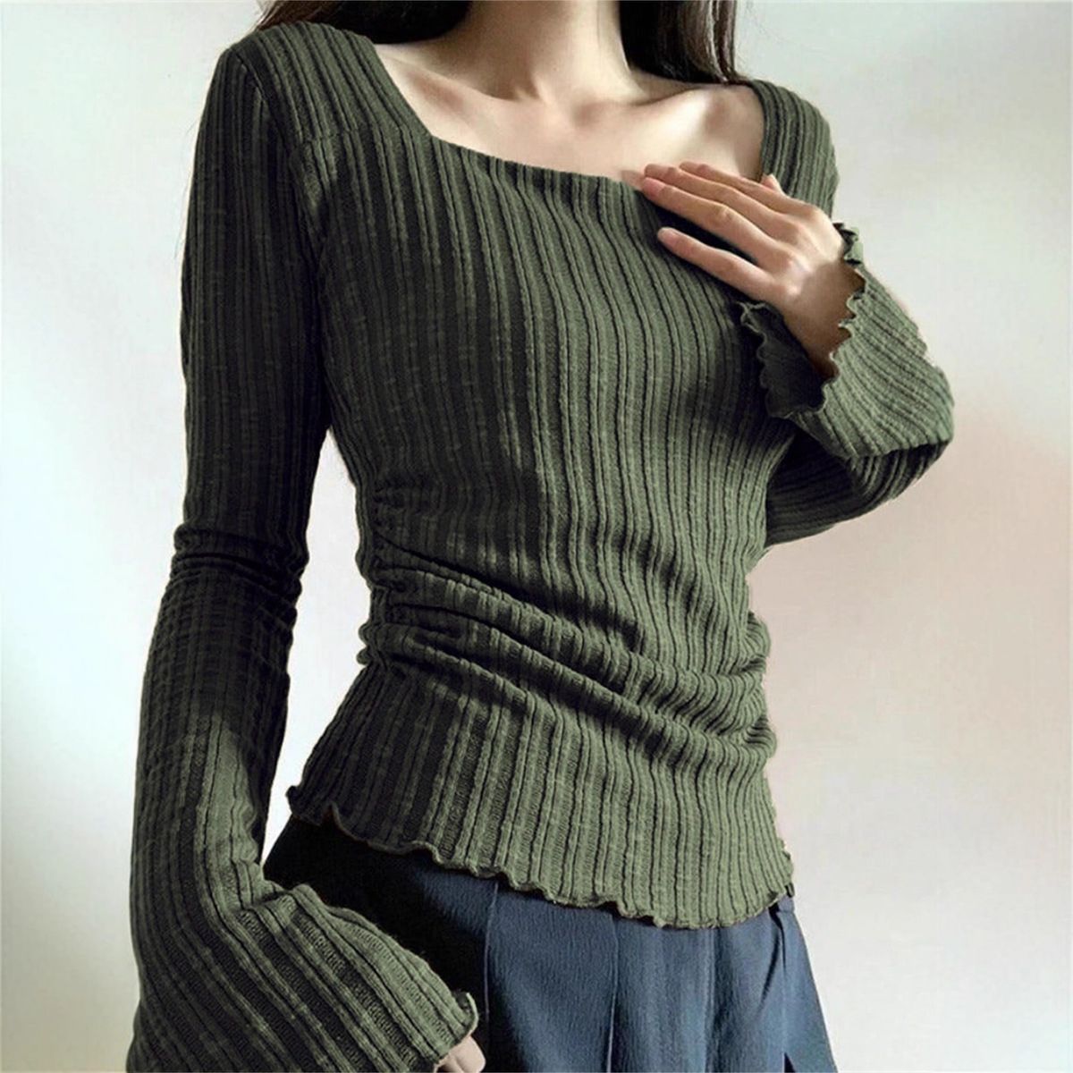 Standard Maillard Design Style Square Neck Long-Sleeve Top For Women, Autumn And Winter Niche Versatile Base Layer_ecoleips.com