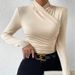 Women's Slim Fit Long Sleeve T-Shirt Cross Collar Solid Color European American Style Autumn Winter Pullover Fashion Sense_ecoleips.com