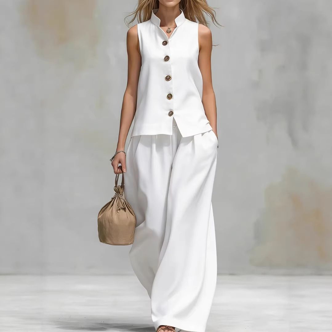 Effortless Cotton Linen Lounge Set – V-Neck Vest & Wide-Leg Pants (Wine Red/Black/Navy/Beige) | Breathable Two-Piece Outfit For Summer_ecoleips.com