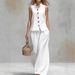 Effortless Cotton Linen Lounge Set – V-Neck Vest & Wide-Leg Pants (Wine Red/Black/Navy/Beige) | Breathable Two-Piece Outfit For Summer_ecoleips.com