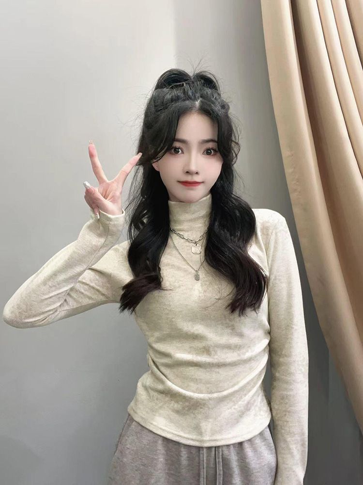 Unique Design Top Tie-Dye Slim Half Turtleneck Dralon Long Sleeve Base Shirt Autumn And Winter Pleated Waist Tight Women_ecoleips.com