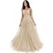 Women’s Clothing Glitter Tulle Ball Gown Women's Lace Applique Long Ball Gown with Spaghetti Straps A Line_ecoleips.com