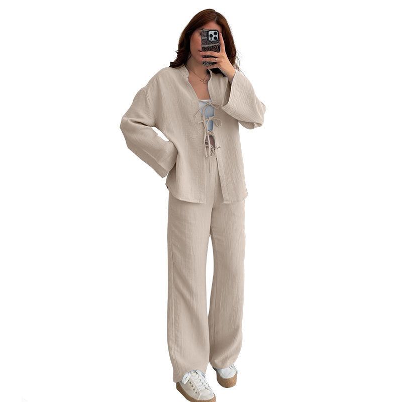 Summer-Autumn Solid Color Lace-Up Cardigan Long-Sleeved Women's Fashion Casual Trouser Set_ecoleips.com