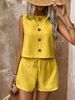 Women's Spring Summer Fashion Casual Solid Color Button down Sleeveless Vest And Shorts Set Resort Style Clothing_ecoleips.com