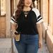 Summer Plus Size Women's Short Sleeved V-neck Tied Rope Splicing Contrasting Sleeve Top T-shirt For Women_ecoleips.com