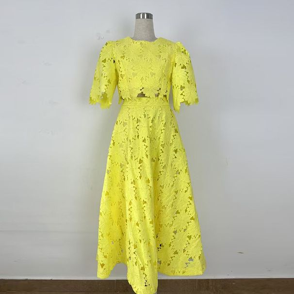 Women's Clothing Two Piece Suit New Round Neck Hollow Short Top + High Waist Skirt Suit For Women_ecoleips.com
