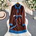Celebrity Inspired Elegant Patchwork Denim Collared Dress, Perfect For Autumn And Winter, With A Belted Waist And Slit, Midi Length._ecoleips.com