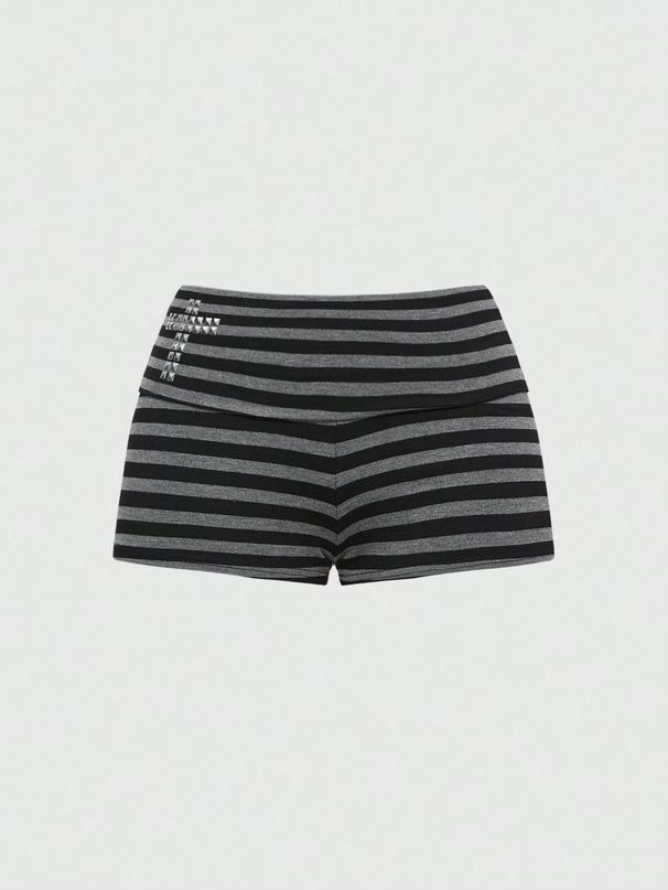 Women's American Style Striped Color-Block Casual Hot Pants Summer Retro Rhinestone Shorts Home Wear_ecoleips.com