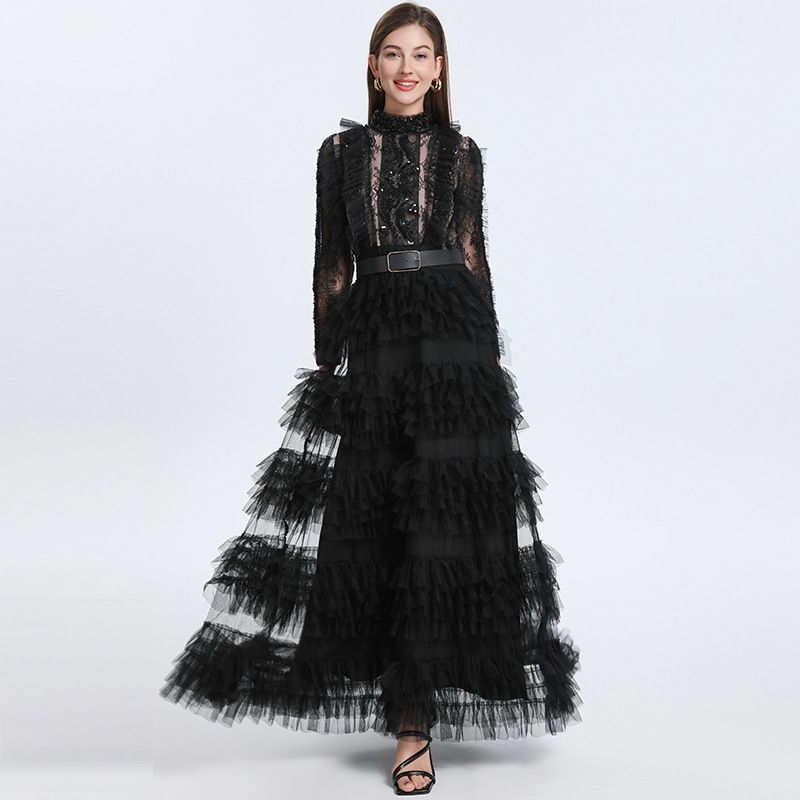 Handmade Crystal-Embellished Mesh Gown With Detachable Belt – Elegant Palace-Style Evening Dress (M-3XL, Black/Apricot/White)_ecoleips.com