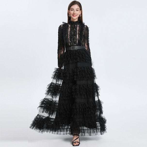 Handmade Crystal-Embellished Mesh Gown With Detachable Belt – Elegant Palace-Style Evening Dress (M-3XL, Black/Apricot/White)_ecoleips.com