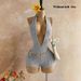 Women's Sexy Slim V Neck Backless Gray Jumpsuit European American Style Simple Commuter Knitted Bodysuit_ecoleips.com