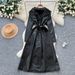 French Vintage Belted Trench Coat – Elegant Lapel & Waist-Tie Long Sleeve Coat For Women (Black/Coffee)_ecoleips.com
