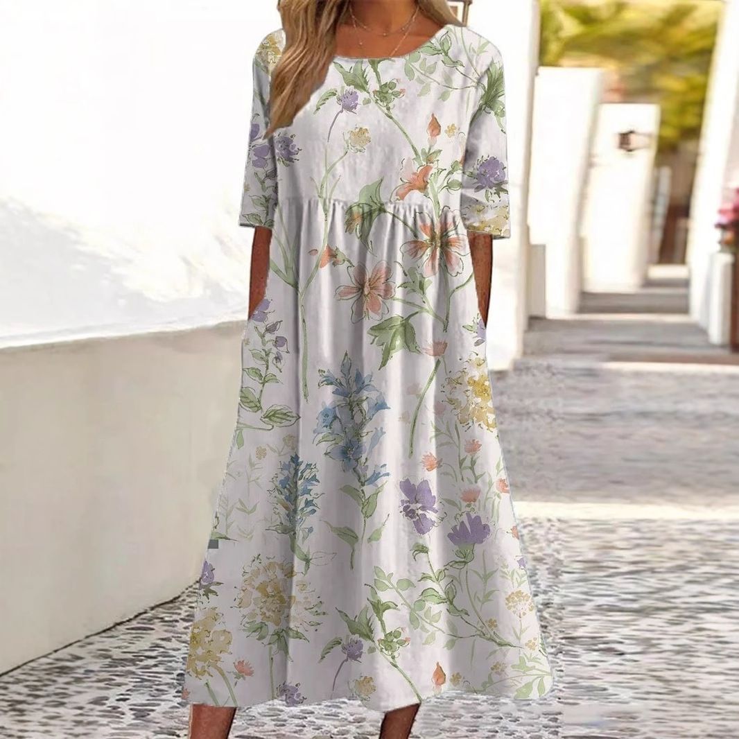 Verve 2025 New Fashion Digital Print Wrinkled Wide Hem Dress_ecoleips.com