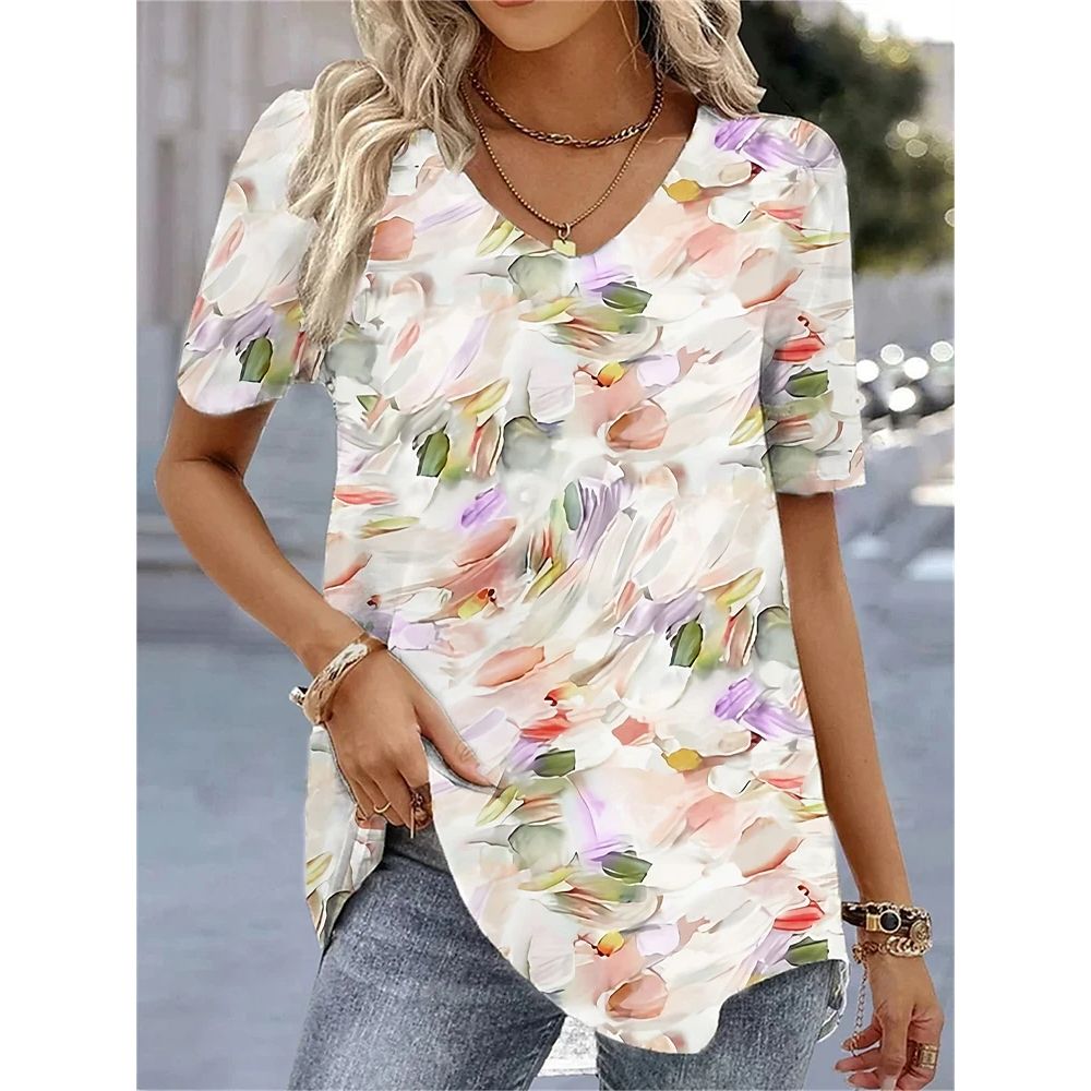 Summer V-Neck T-Shirt Fashion Women Short Sleeves 3D Printed Top Tee Casual Loose Black White Fashion Streetwear Female Pullover_ecoleips.com