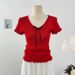 Women's Clothing Sweet And Cute Bow Tie Hollow Short Sleeved Knitted Sweater Slimming Tops_ecoleips.com