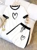 Women's Summer Fresh Two Piece Set Round Neck Short Sleeve Top And Shorts Color Block Design Black White Print 8010_ecoleips.com