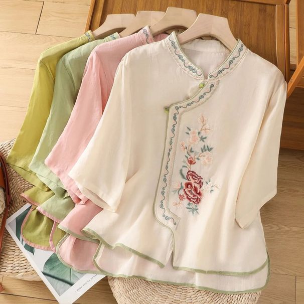 Summer Cotton And Linen Artistic Retro Ethnic Style Embroidered National Style Shirt With Button And Tea Clothing With V_ecoleips.com
