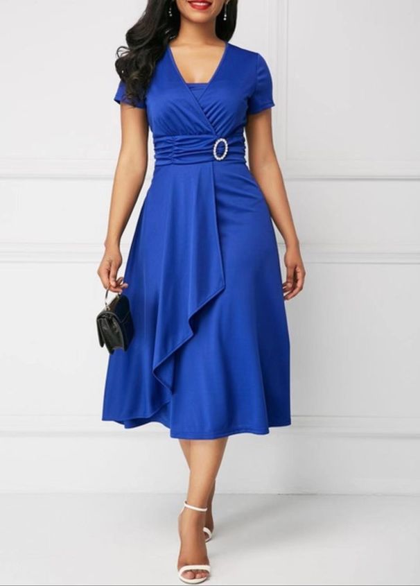 Women's Asymmetrical Large Skirt V Neck Dress Fashion_ecoleips.com