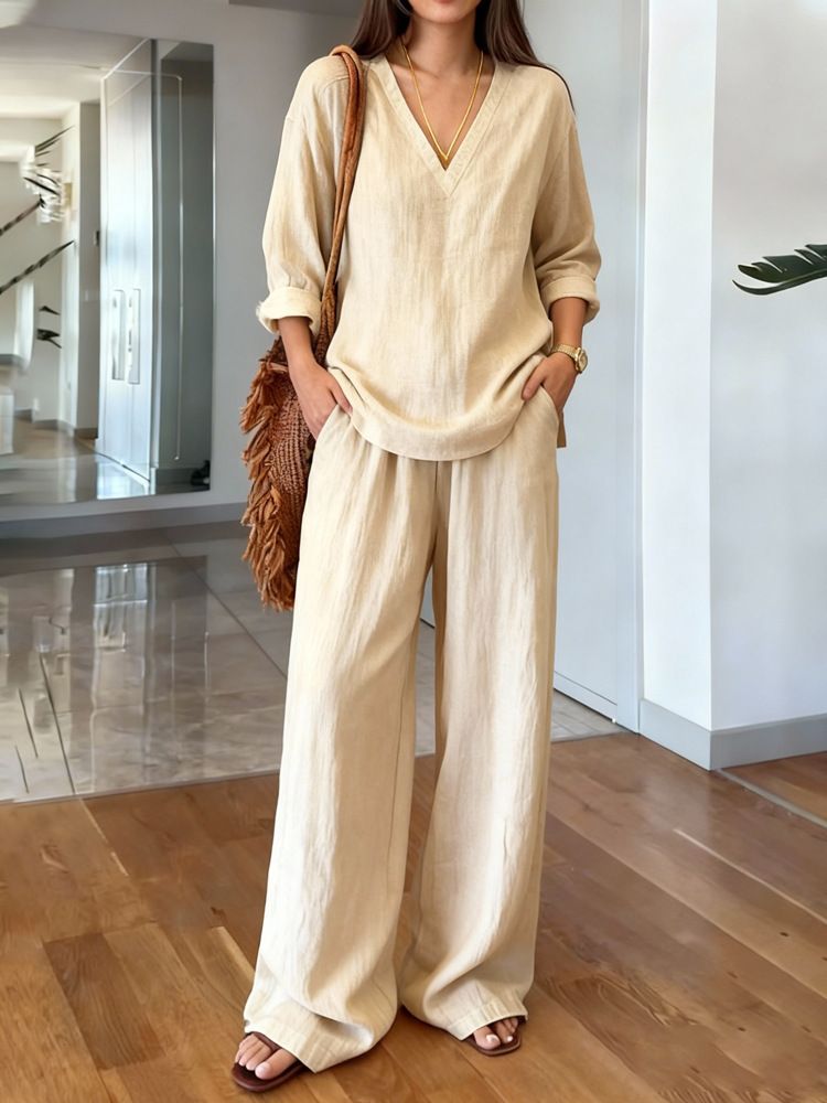 Women's Casual Cotton Pants Set V Neck Pullover Long Sleeve Top Multiple Colors Washed Effect Clothing_ecoleips.com