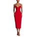 Women's Slim Fit Sleeveless Halter Neck Dress European American Style Solid Color Casual mid Length Spring Summer New Wholesale_ecoleips.com