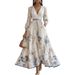 Autumn And Winter New Women's Print V-neck Long Sleeve Fashion Pleated Dress Long Skirt Women_ecoleips.com
