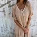 New Women's Casual Loose Skirt Dress V Neck Short Sleeved Solid Color Cotton And Linen Spring Summer_ecoleips.com
