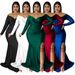 Women's Clothing Large Size Women's Sexy Dress Nightclub V Neck Dress Solid Color Slit Long Skirt Autumn And Winter Women_ecoleips.com