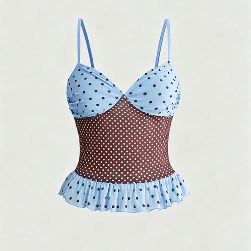 Color Blocked Polka Dot Ruffled V Neck Camisole Top Korean Style Slim Fit Sexy Versatile Women's Vest_ecoleips.com