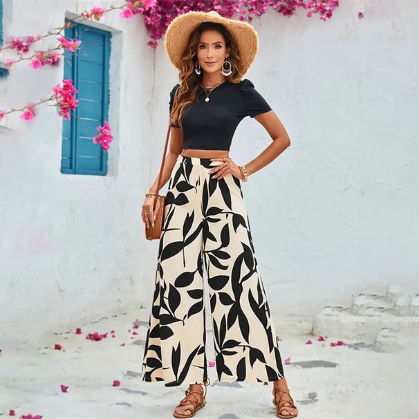 Women's Leaf Print Casual Wide Leg Pants Set Short Sleeve Two Piece T-Shirt Suit Spring Summer Tight Navel Baring Outfit_ecoleips.com